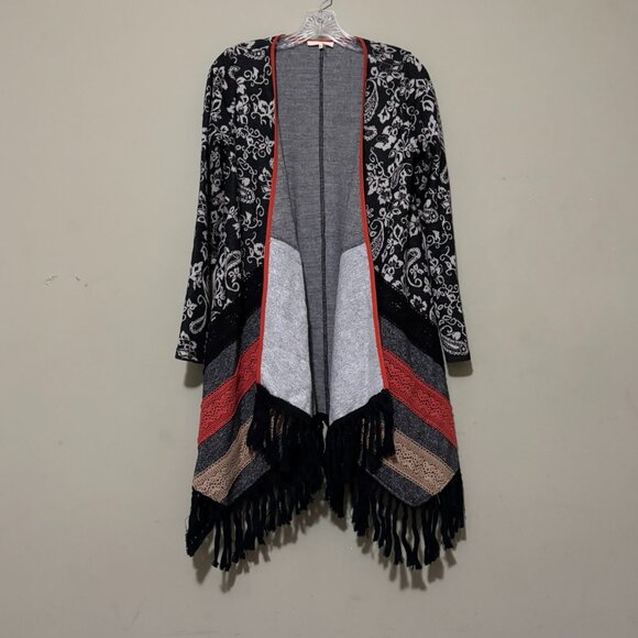 Ryu Womens Charcoal Grey Tassel Fringe Open Shimmer Sparkle Orange Cardigan - Picture 1 of 7